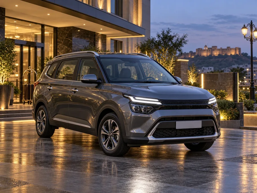 Representative Kia Carens-style vehicle outside a modern hotel