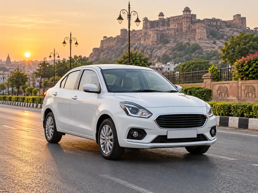 Representative Maruti Dzire-style car on a scenic Jhansi road