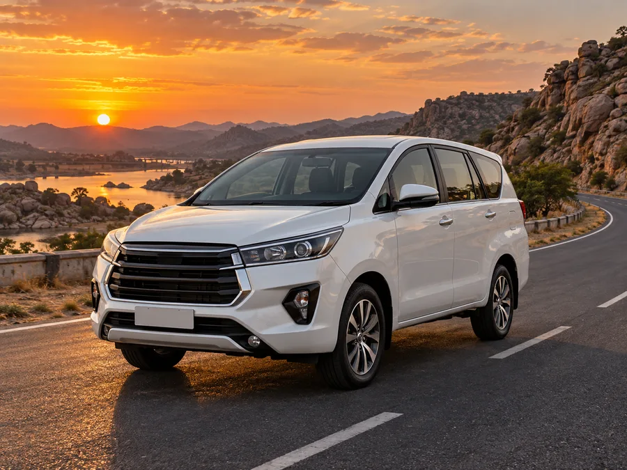 Representative Innova Crysta-style car on a sunset highway