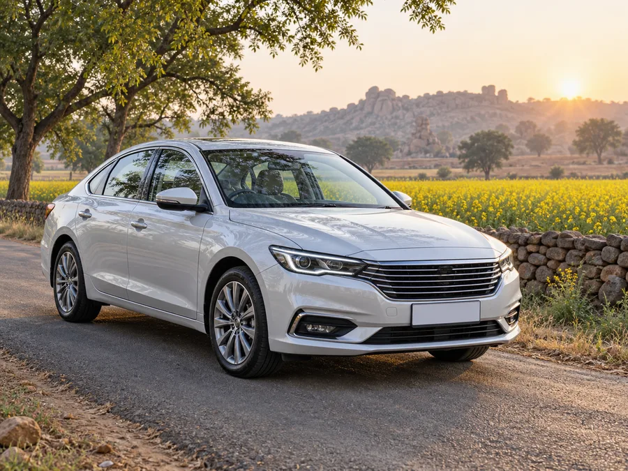 Representative premium sedan beside mustard fields