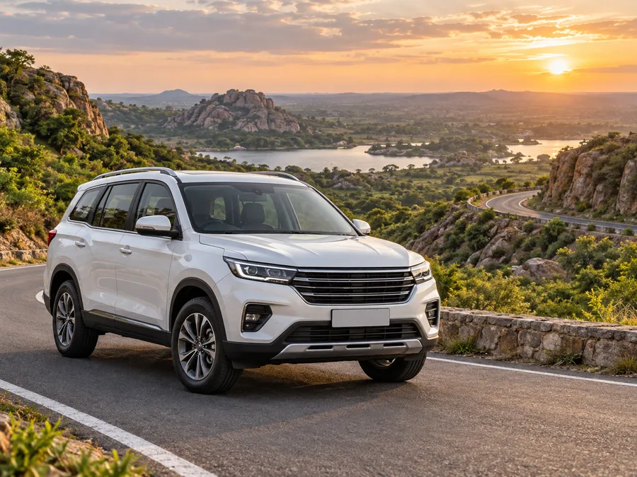 Representative SUV on a curved scenic road for a round-trip journey