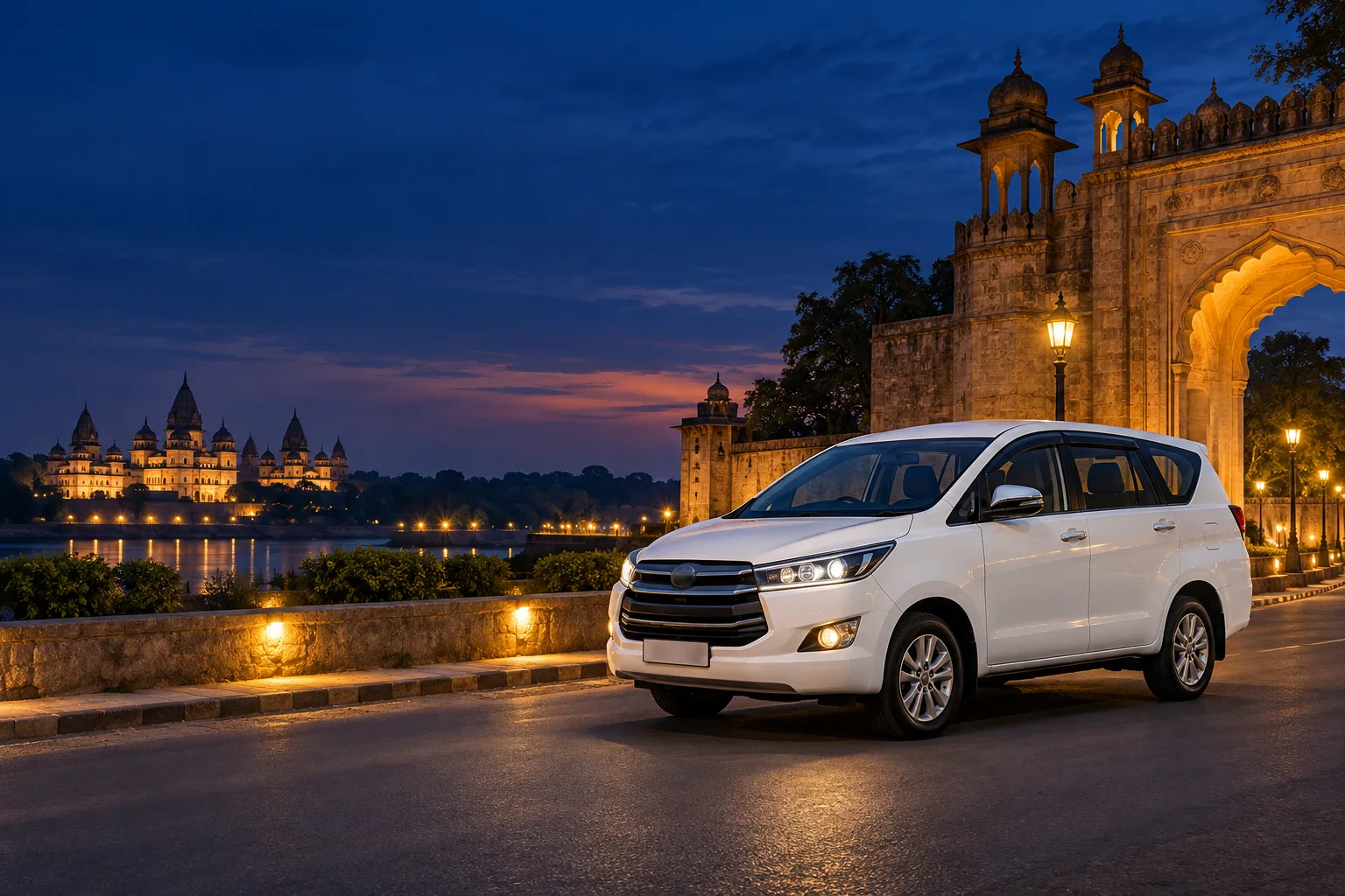 Representative family MPV near illuminated heritage architecture