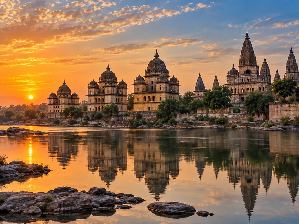 Representative scenic view of Orchha cenotaphs by the river
